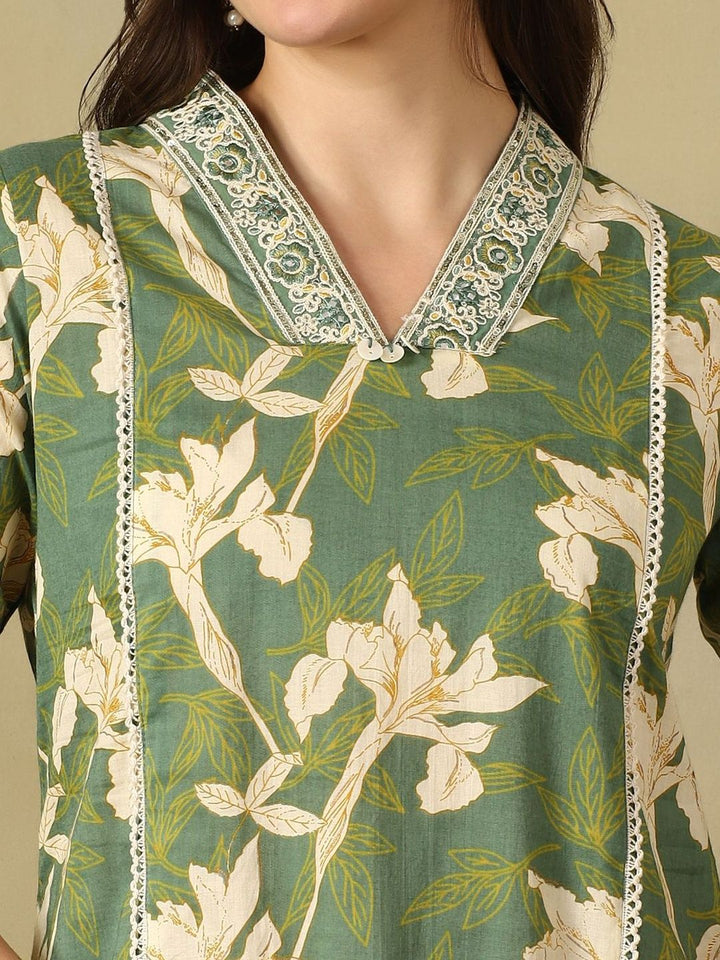 Mamicha Women Floral Printed Angrakha Pure Cotton Kurta with Trousers & With Dupatta