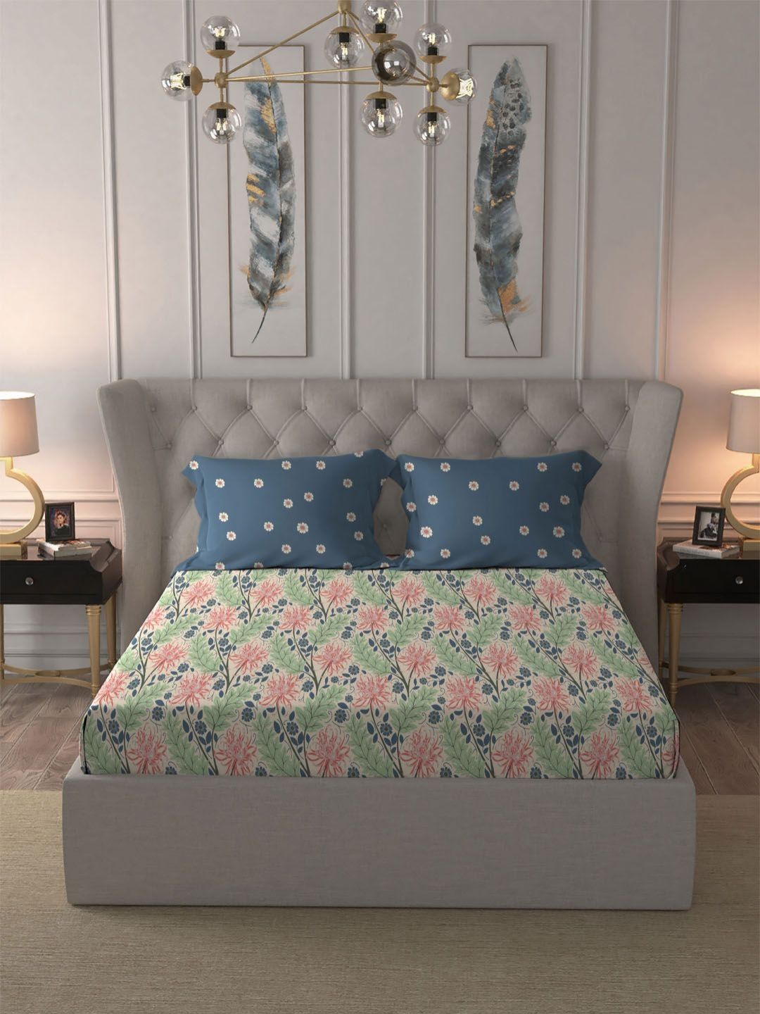 MYTRIDENT Serene Blue Comfort Living Flat 120TC Queen Cotton 1 Bedsheet & 2 Pillow Covers