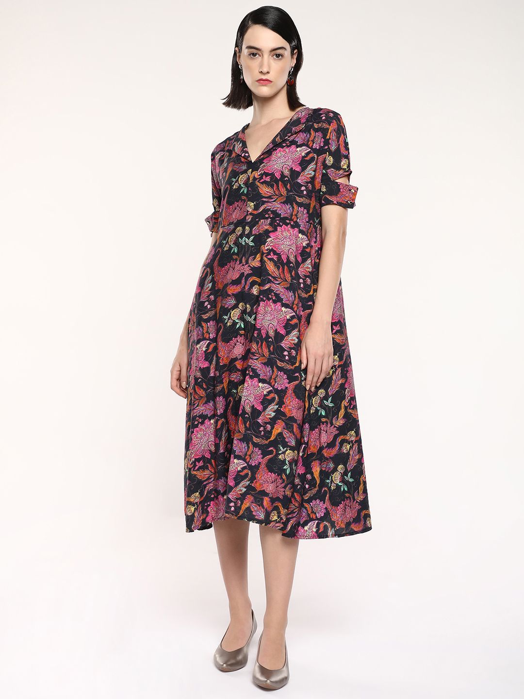 RAREISM Floral Printed Short Sleeves A-Line Midi Dress