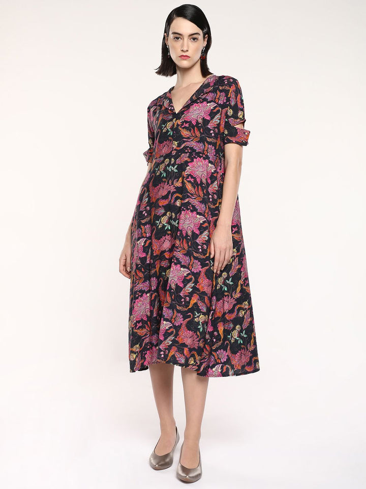 RAREISM Floral Printed Short Sleeves A-Line Midi Dress