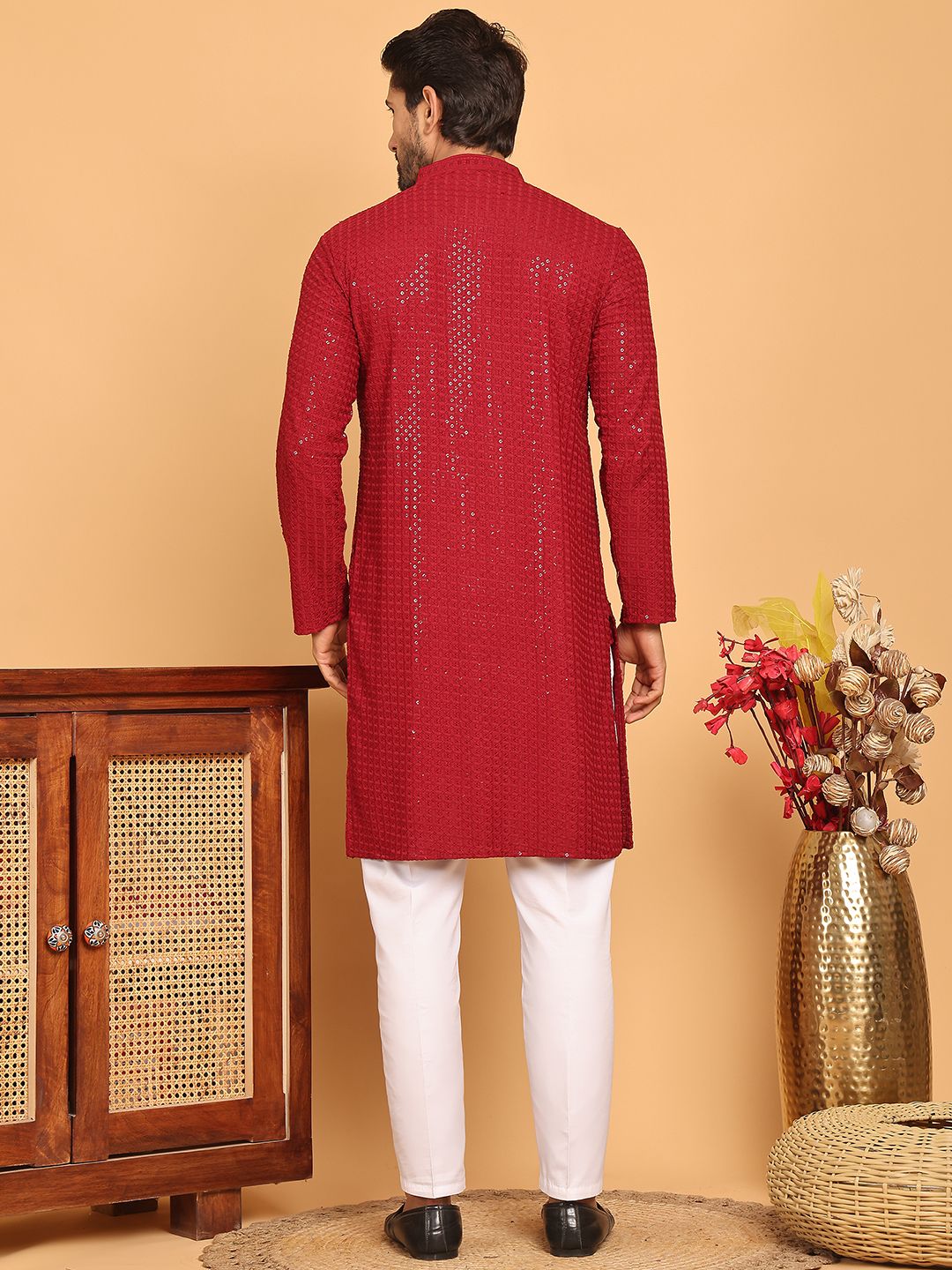 Jompers Floral Embroidered Mandarin Collar Sequinned Straight Kurta With Pyjama