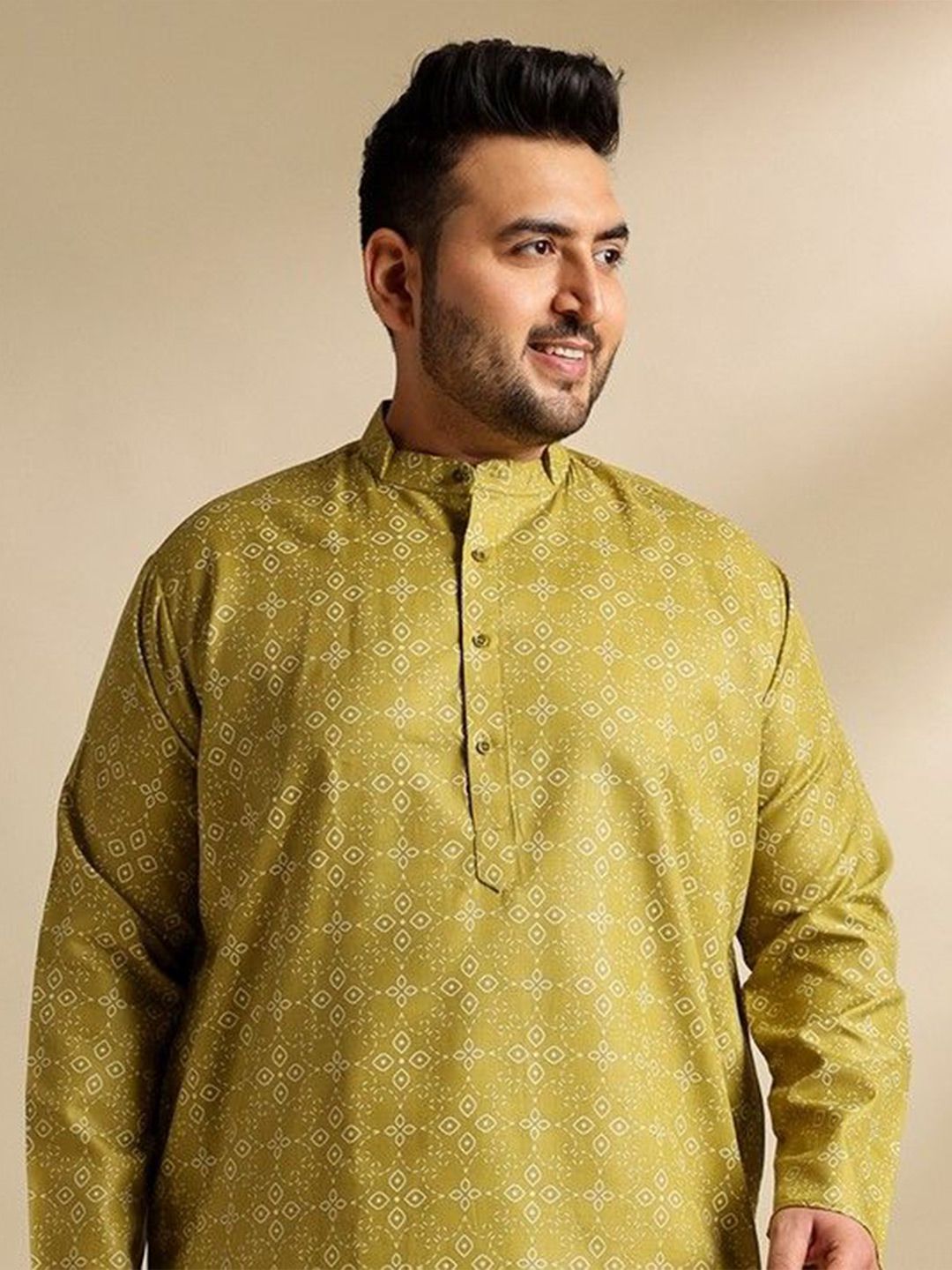 SOJANYA PLUS Ethnic Motifs Printed Mandarin Collar Straight Cotton Linen Kurta