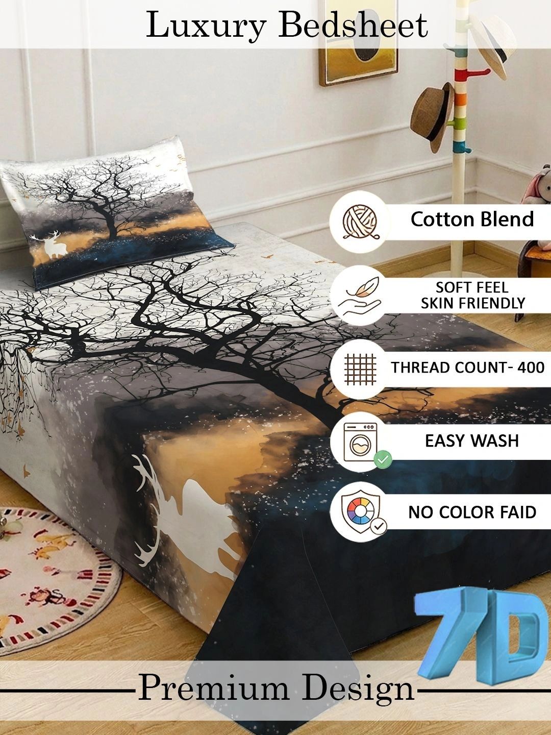 KLOTTHE Black & White Fitted 400 TC Single 7D Bedsheet with 1 Pillow Covers