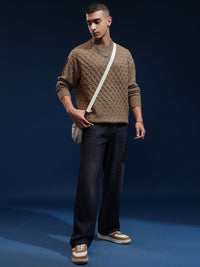 HIGHLANDER Men Self Design Round Neck Drop Shoulder Oversized Sweater