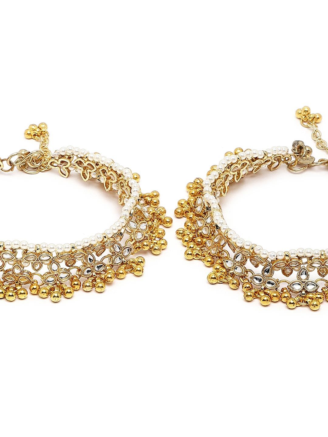 KARATCART  Set Of 2  Gold-Plated White Kundan-Studded Anklets