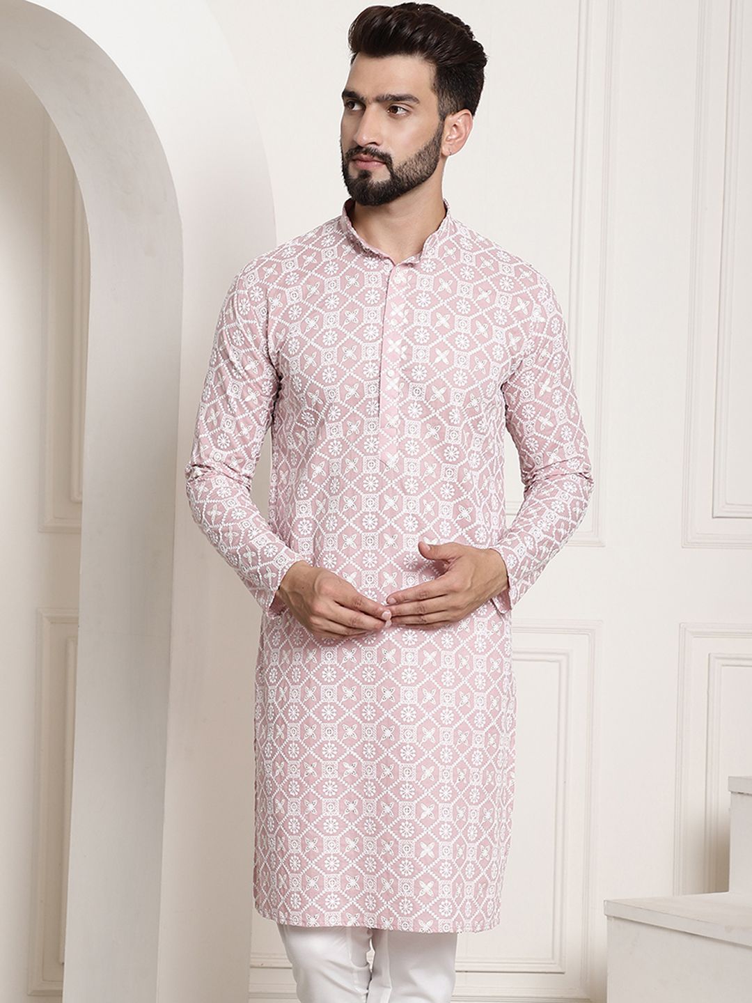 SOJANYA Band Collar Ethnic Motifs Embroidered Thread Work Cotton Kurta