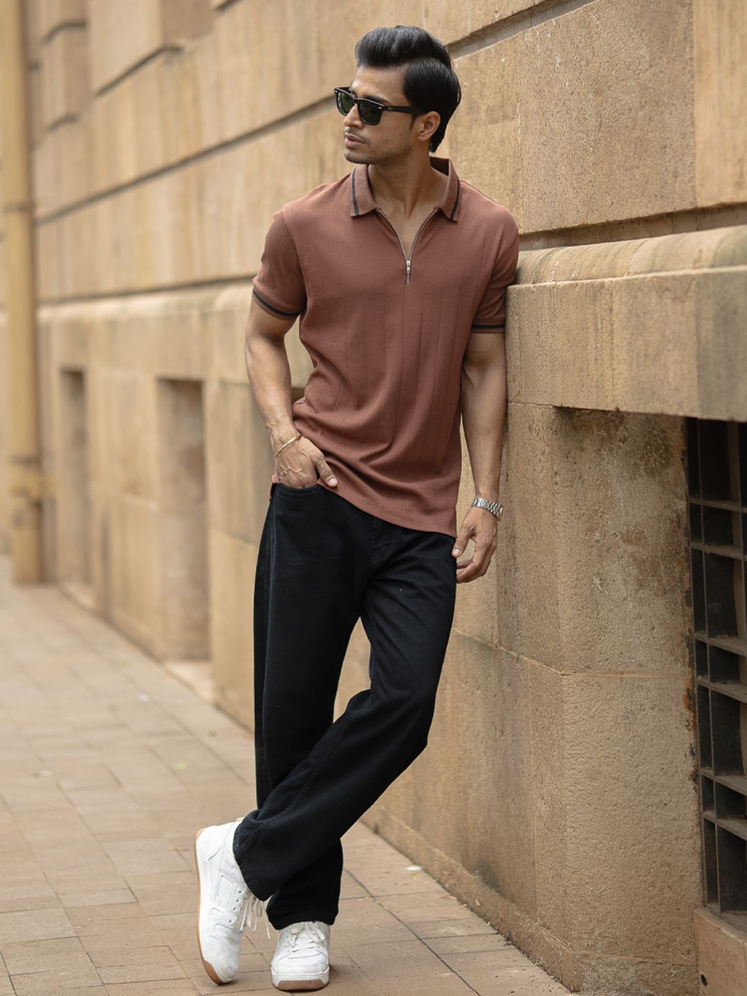 Powerlook Men Self Design Polo Collar Pure Cotton T-shirt