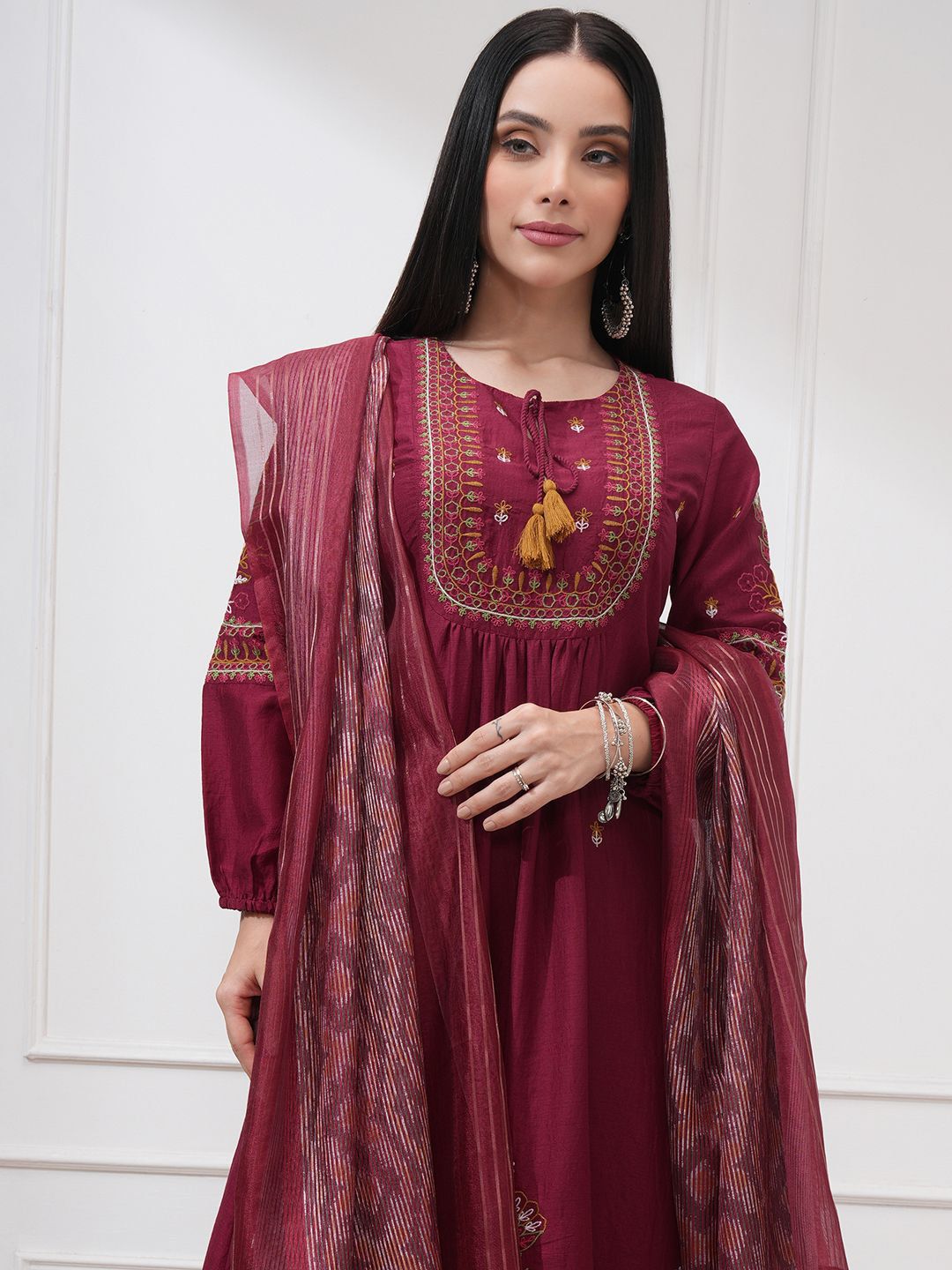 Vishudh Floral Embroidered Tie-Up Neck Thread Work Anarkali Kurta With Trouser And Dupatta