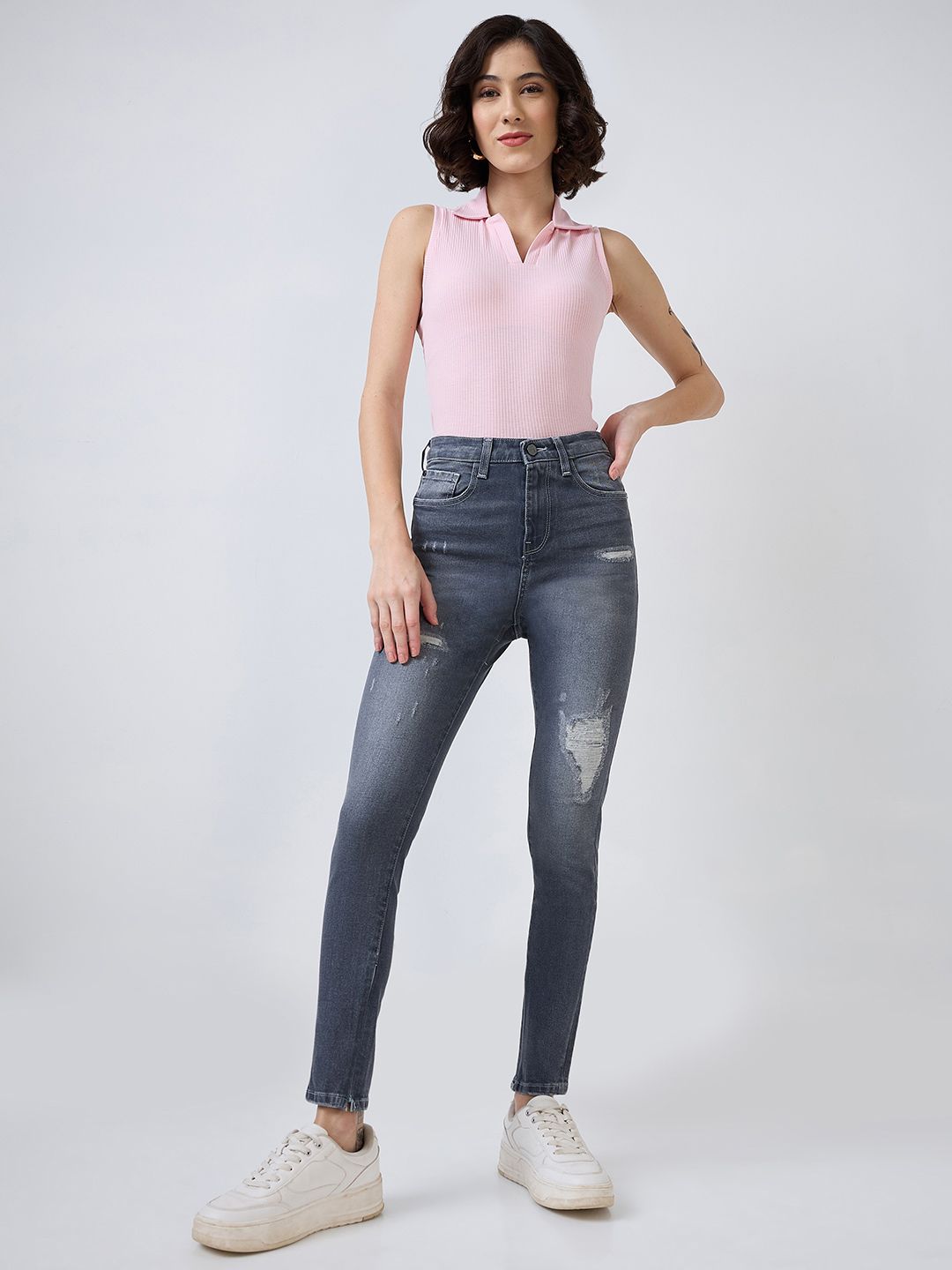 SPYKAR Women Slim Fit High-Rise Low Distress Heavy Fade Jeans