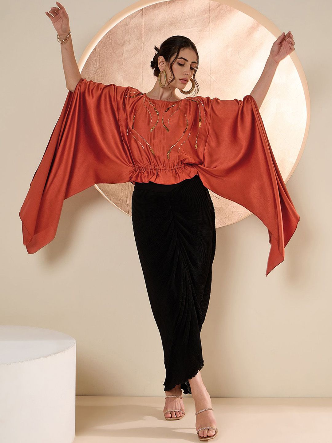 Antheaa Rust Embellished Top With Skirt