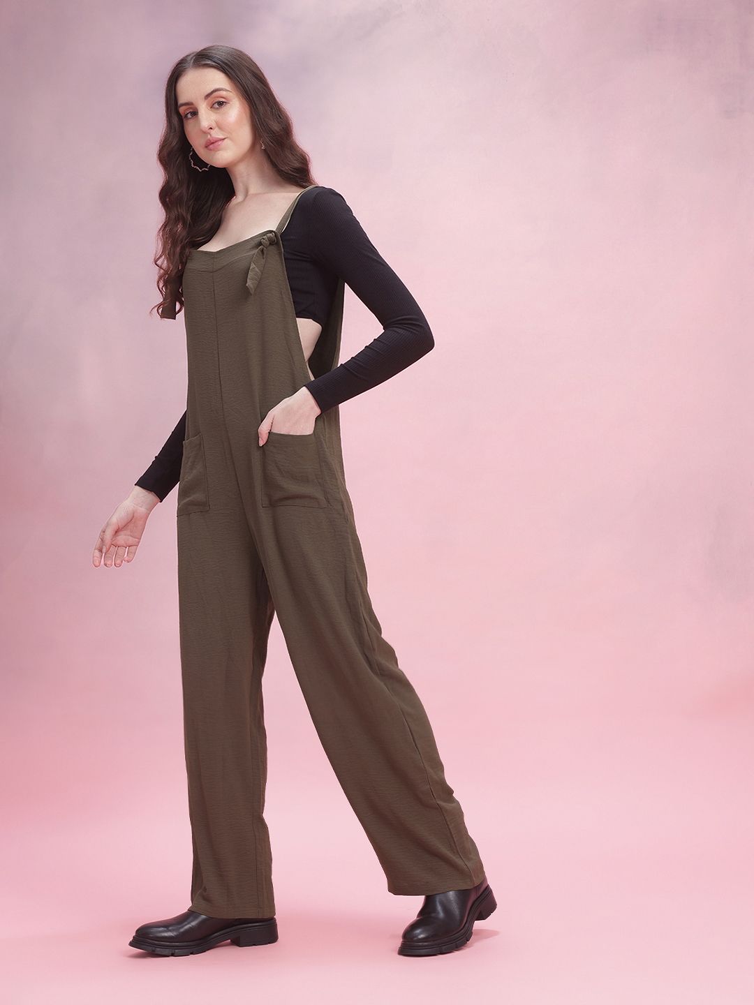 DressBerry Wrinkled Effect Tie-Up Detail Shoulder Straps Basic Jumpsuit