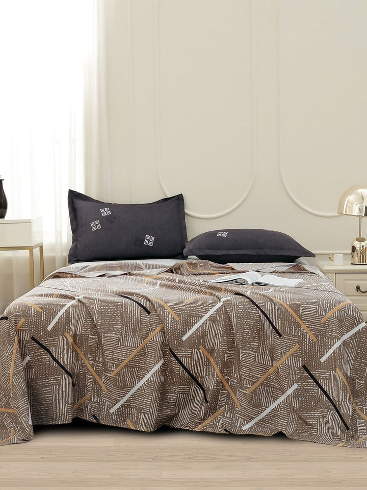 Story@home Coffee Brown Abstract Printed 240 TC Satin Finish Queen Bedsheet Set