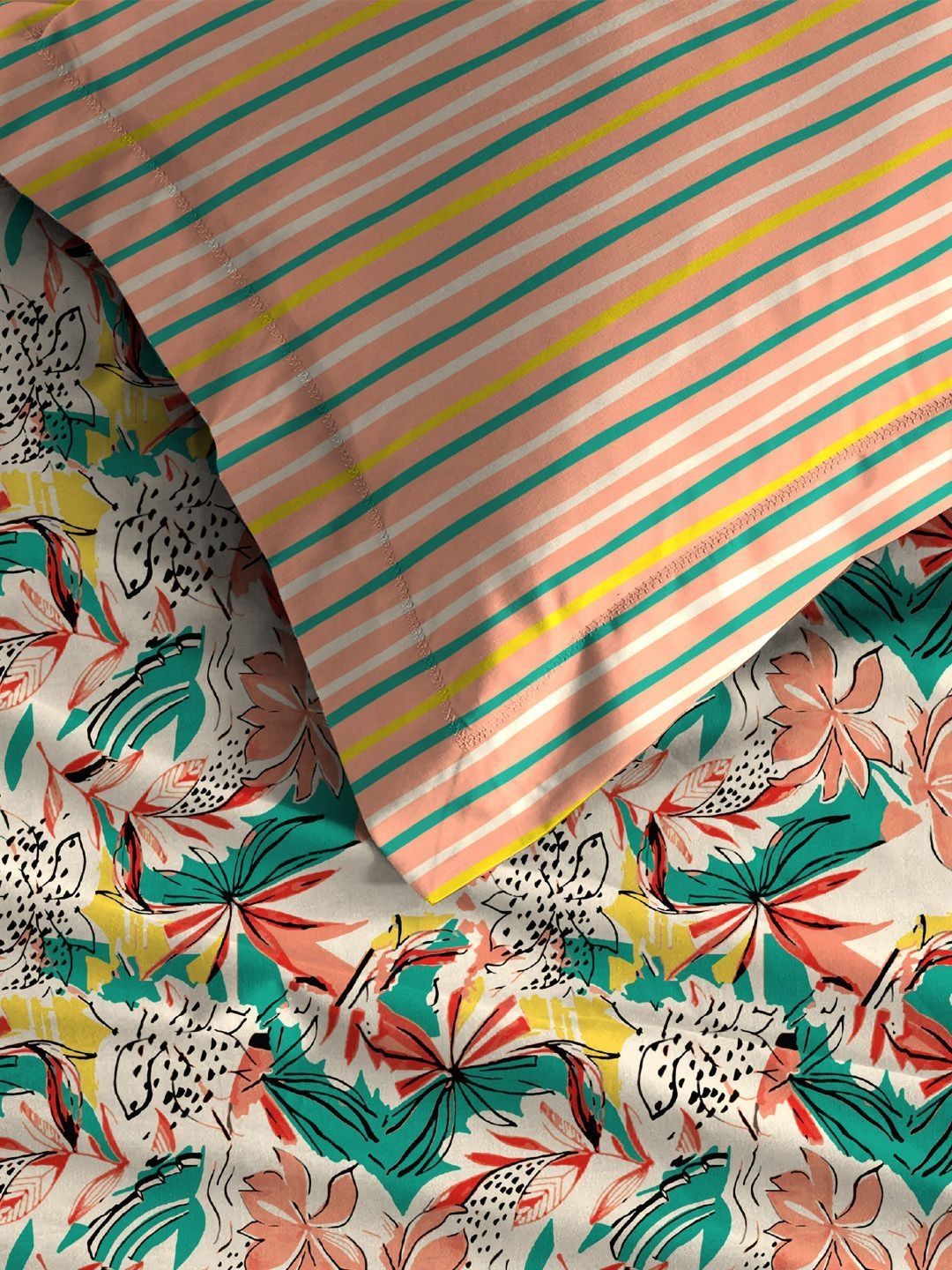 MYTRIDENT Dahlia Peach Moments Flat 120TC Queen Pure Cotton Bedsheet Set