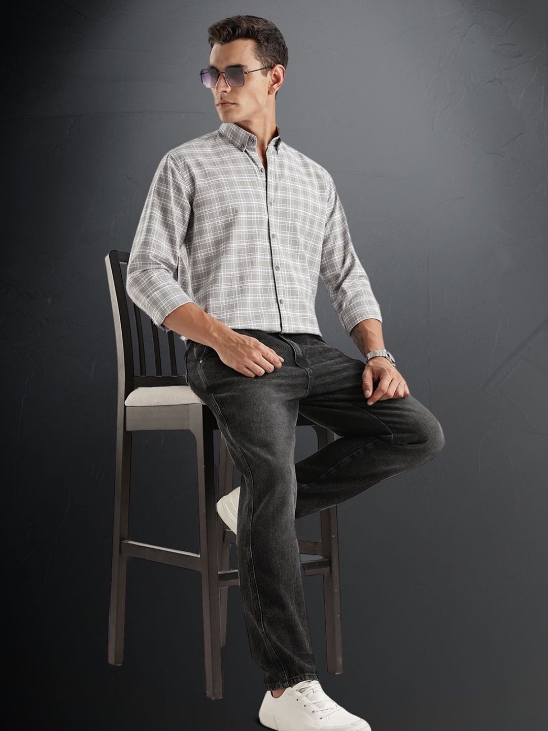 ADRO Tartan Checked Spread Collar Long Sleeves Cotton Casual Shirt
