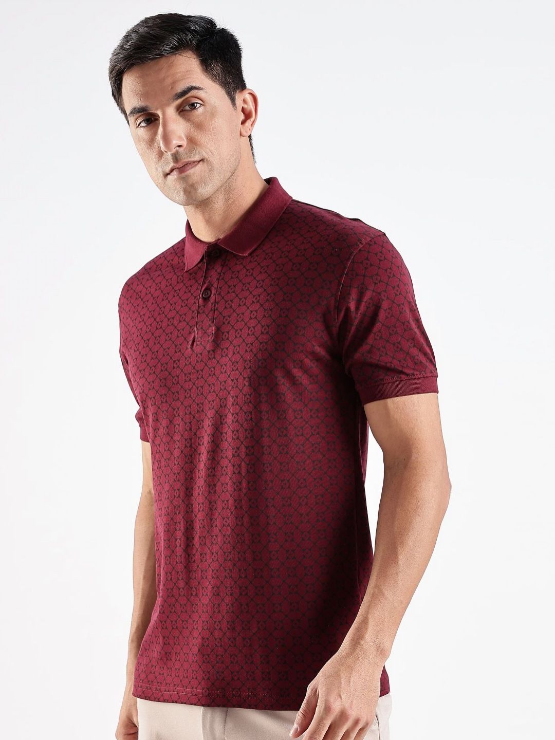 ADRO Geometric Printed Polo Collar Regular Fit Cotton T-shirt