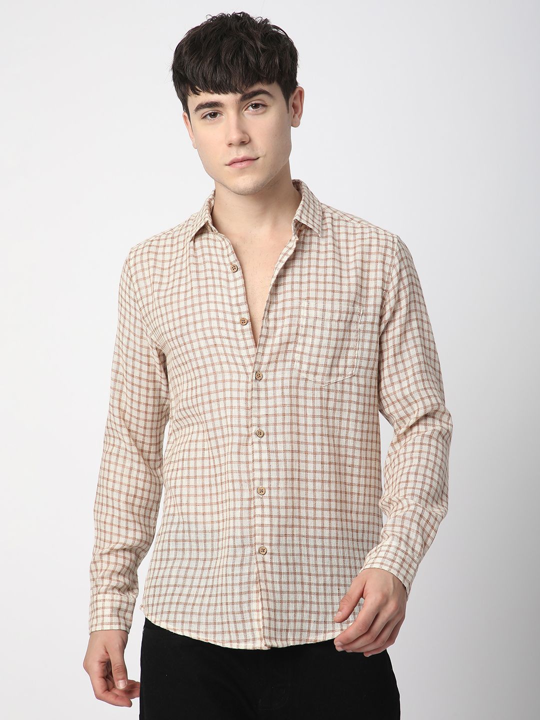 VASTRADO Men Classic Fit Spread Collar Checked Cotton Casual Shirt