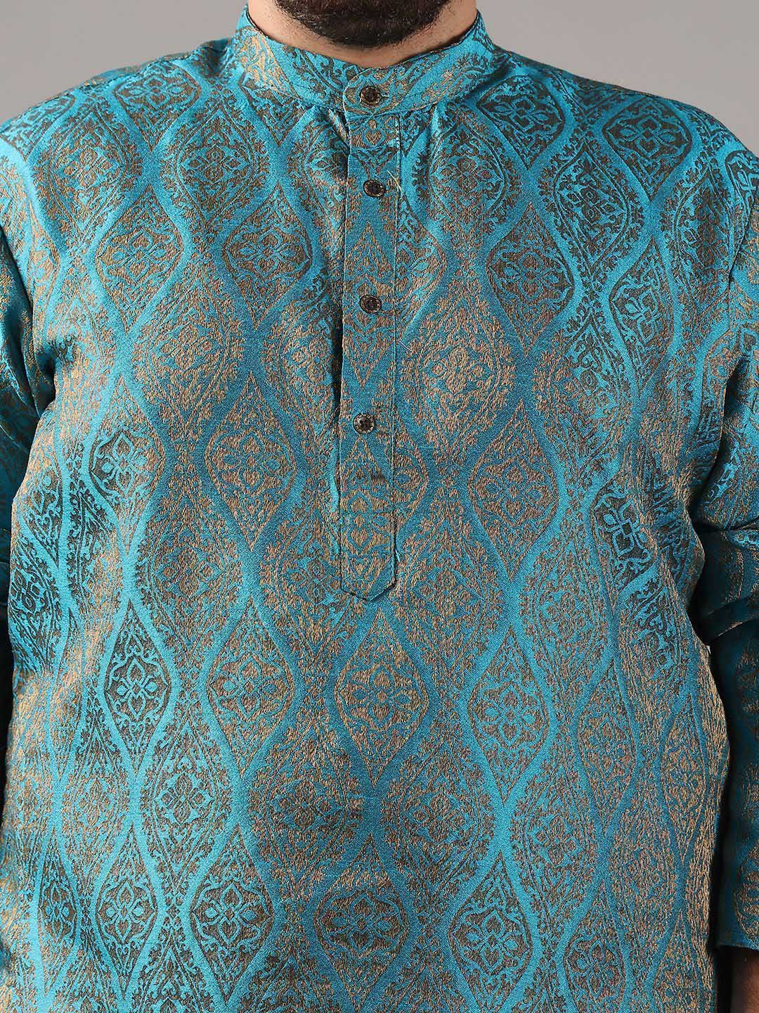 SOJANYA PLUS Size Ethnic Motifs Woven Design Band Collar Jacquard Silk Straight Kurta