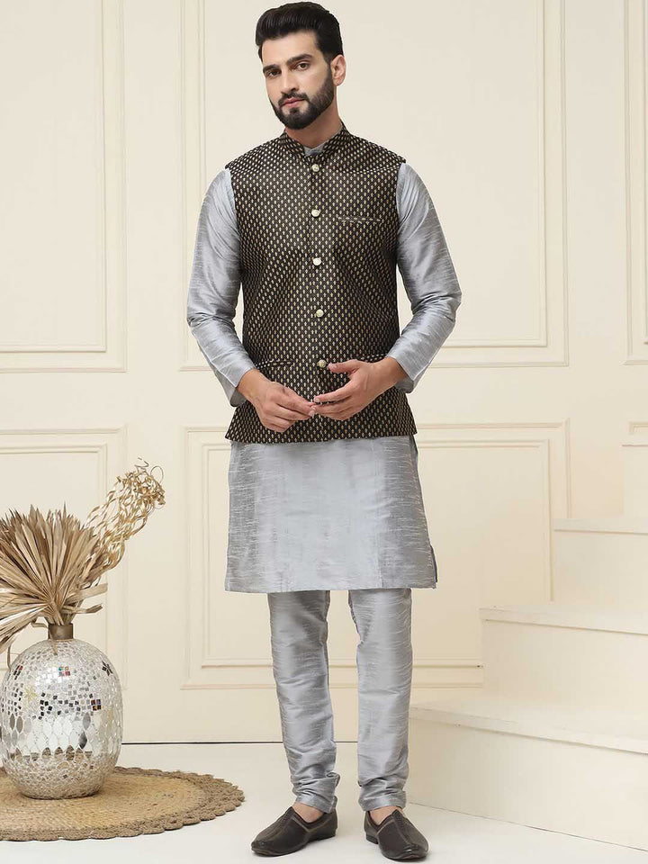 SOJANYA Mandarin Collar Silk Cotton Straight Kurta with Churidar & Nehru jacket