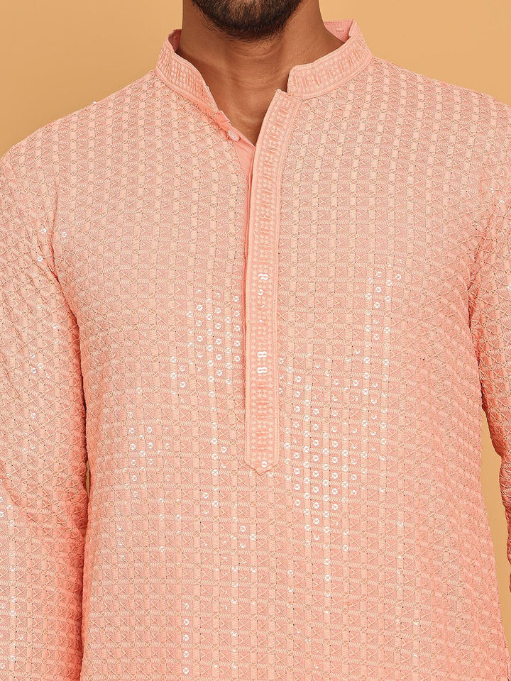 Jompers Geometric Embroidered Mandarin Collar Sequinned Straight Kurta