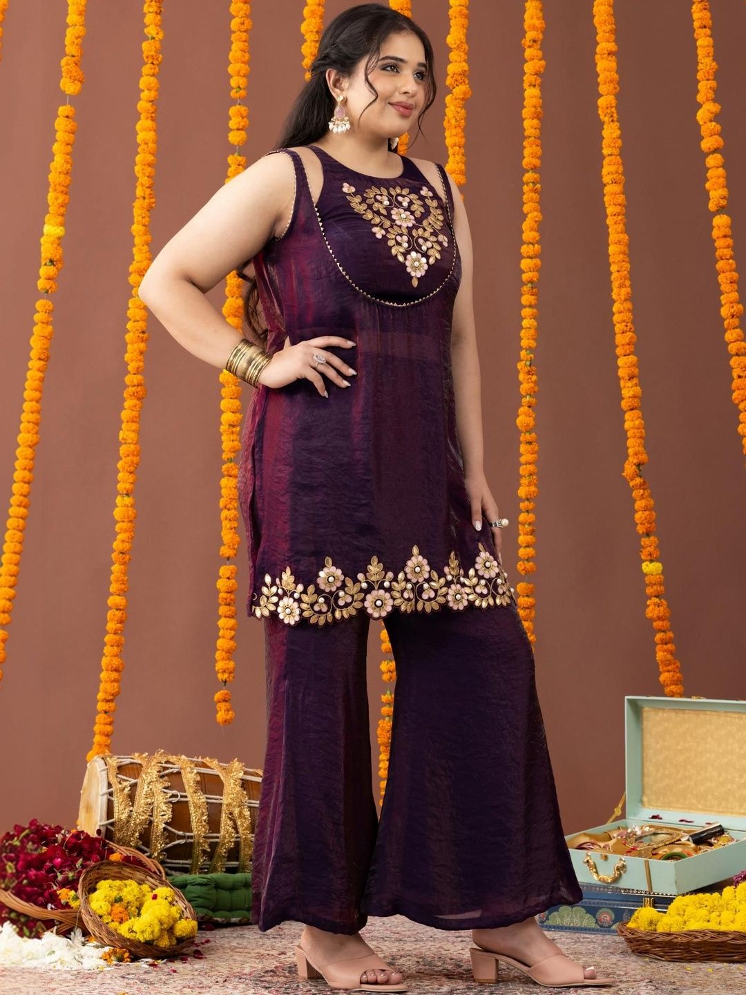 Mamicha Embroidered Round Neck Top & Palazzos Co-Ords