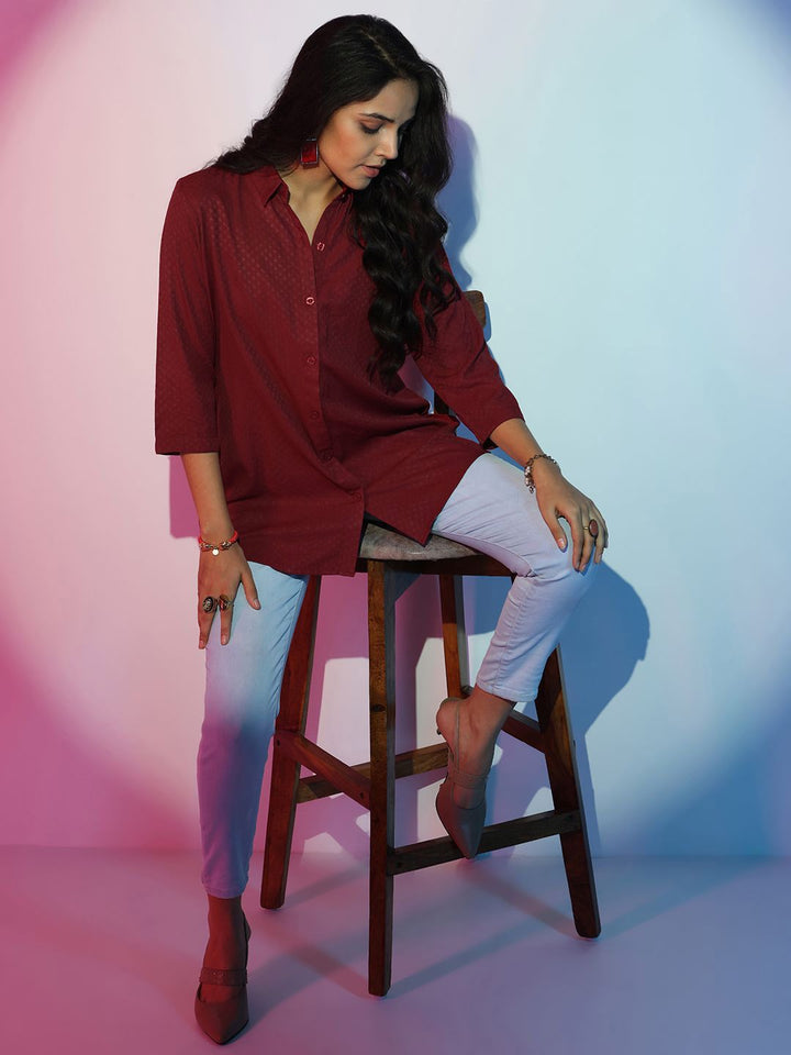Libas Women Self Design Shirt Collar Front Open Tunic