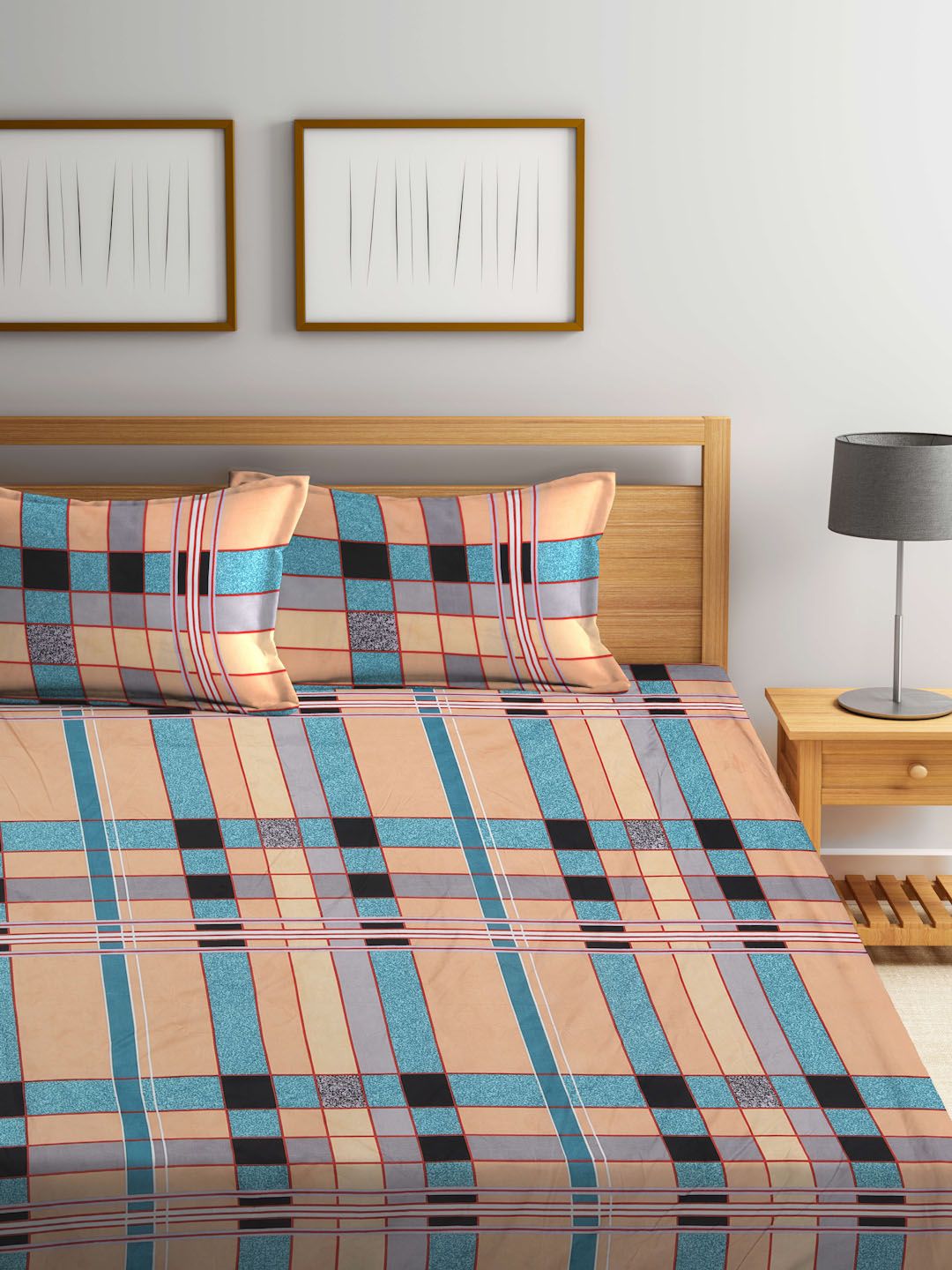 KLOTTHE Peach Geometric Polycotton 300 TC Dilengkapi Cadar King Halus dengan 2 Sarung Bantal-98 x 87 inci