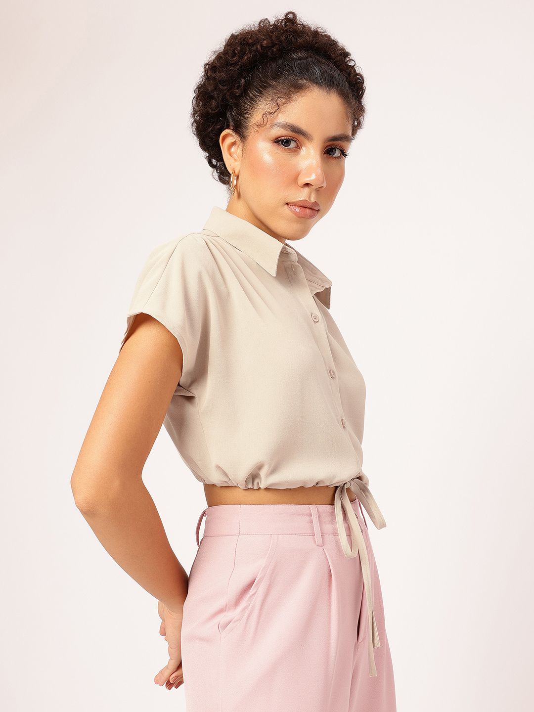 DressBerry Neutral Chic Tie-Up Waist Shirt Style Crop Top