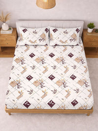 KLOTTHE Cream Color & Green Printed 300 TC Double Bedsheet & 2 Pillow Covers-2.5 m x 2.25m