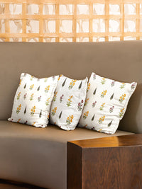 URBAN SPACE White & Yellow 3 Pieces Floral Printed Cotton Square Cushion Covers