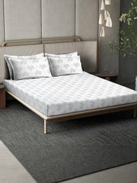 KLOTTHE Off White Printed Flat 400TC Pure Cotton Super King Bedsheet & 4 Pillow Covers