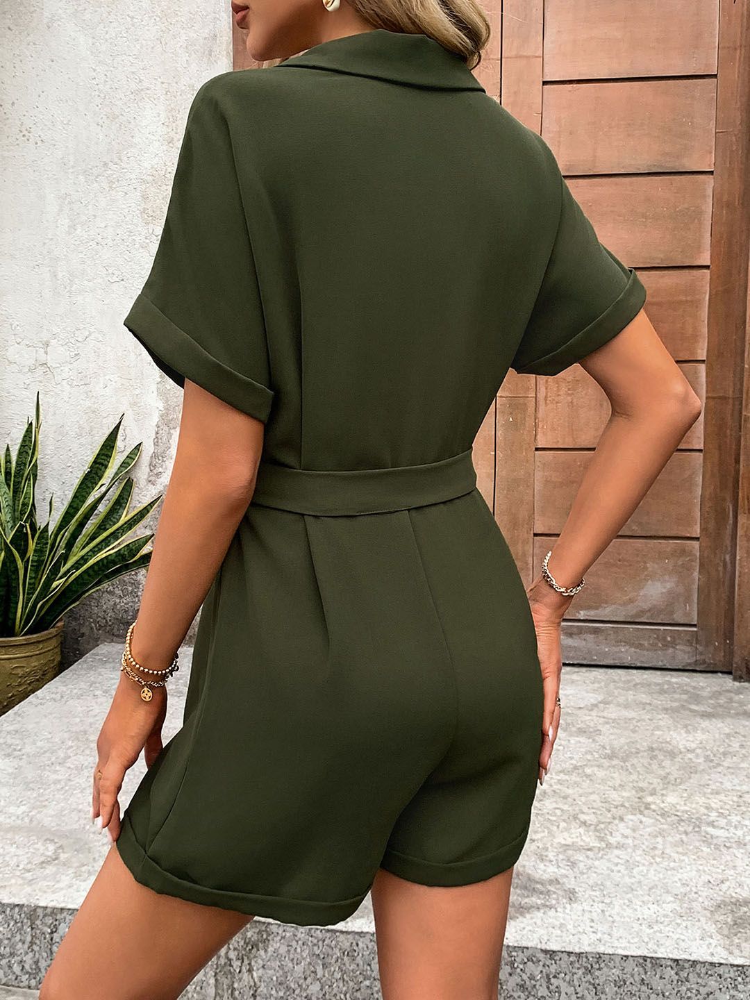 DressBerry Lapel Collar Belted Playsuit