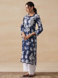 House of Chikankari Women Navy Blue Mulmul Chikankari Embroidered Kurta