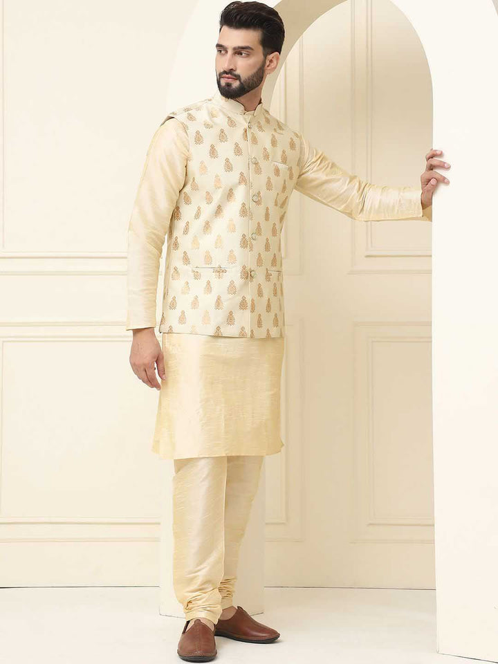 SOJANYA Kurta Kapas Sutera Kolar Mandarin Dengan Jaket Nehru Rekaan Churidar & Tenunan