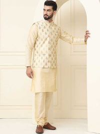 SOJANYA Kurta Kapas Sutera Kolar Mandarin Dengan Jaket Nehru Rekaan Churidar & Tenunan