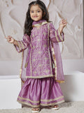VASTRAMAY Girls Floral Embroidered Regular Sequinned Tissue Kurta & Sharara With Dupatta