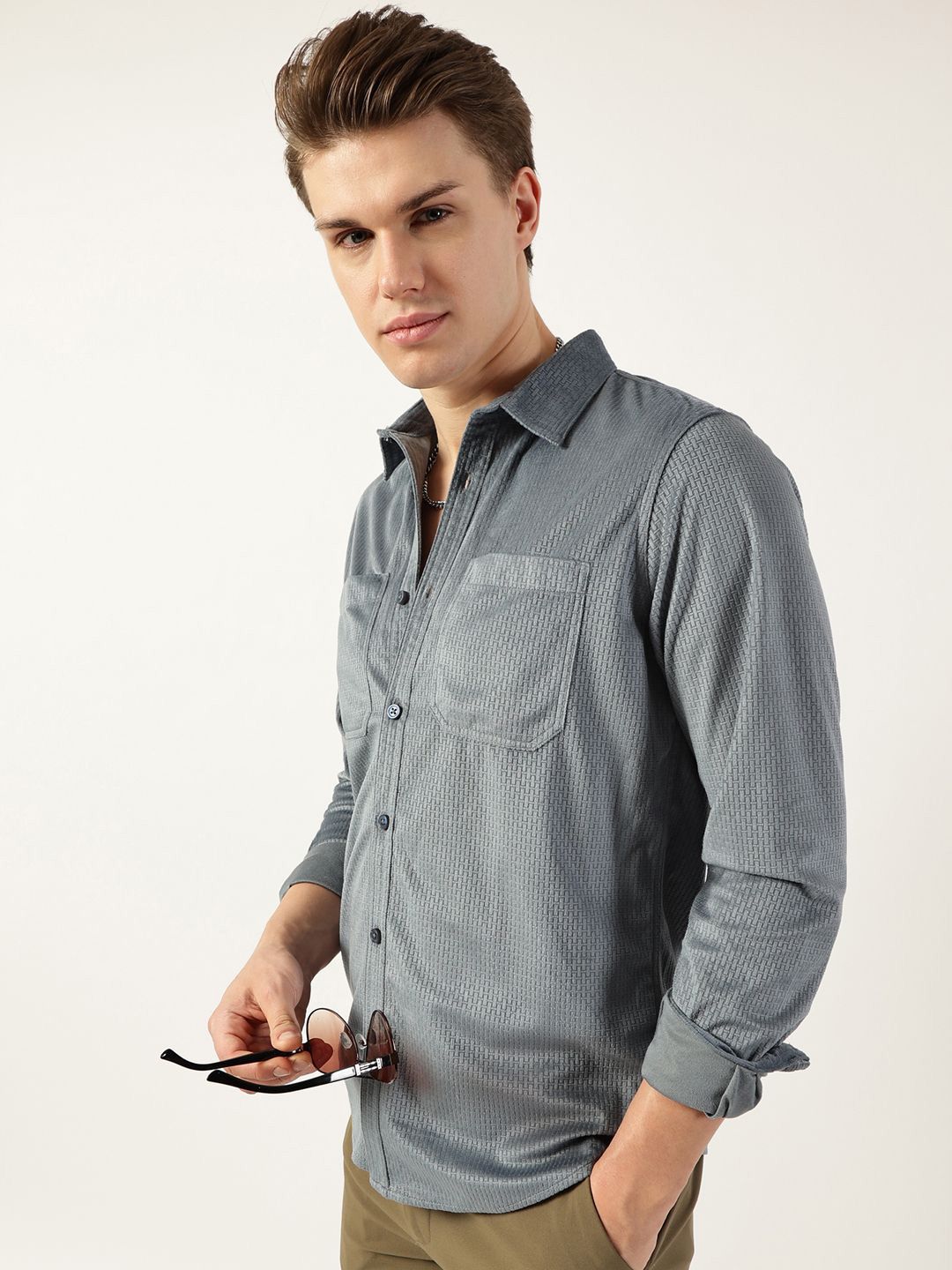 Thomas Scott Men Classic Spread Collar Textured Solid Slim Fit Casual Shirt
