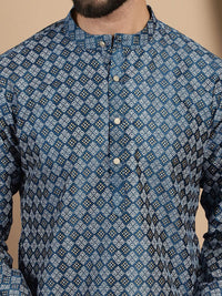 Kurta Kolar Mandarin Bercetak Anouk Teal Biru Geometrik