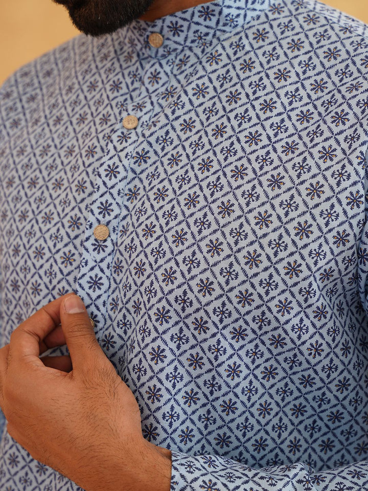 SOJANYA Floral Printed Band Collar Cotton Linen Straight Kurta With Churidar