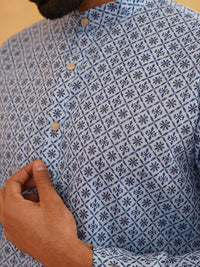 SOJANYA Floral Printed Band Collar Cotton Linen Straight Kurta With Churidar