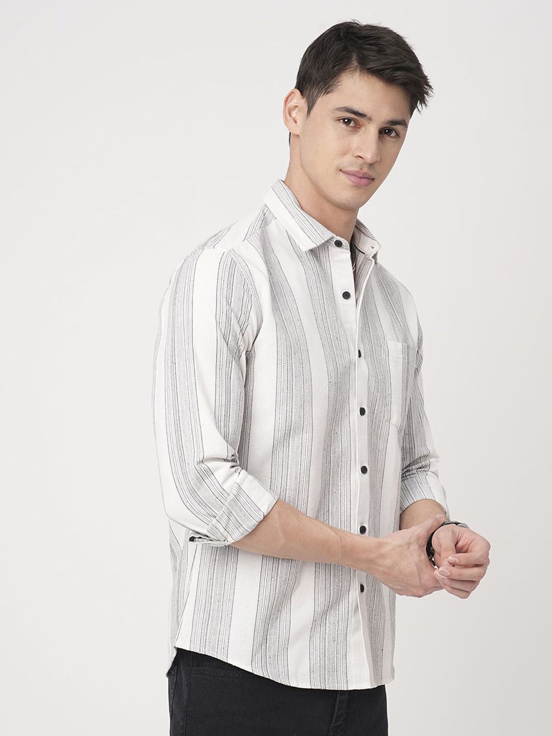VASTRADO Men Classic Fit Spread Collar Vertical Striped Cotton Casual Shirt