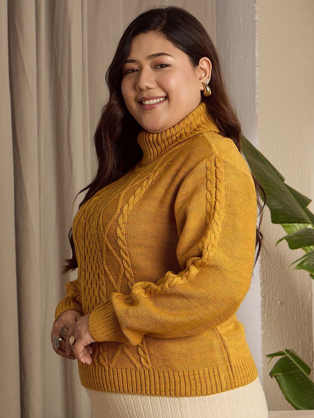 Berrylush Curve Women Plus Size Cable Knit Turtle Neck Pullover Sweater