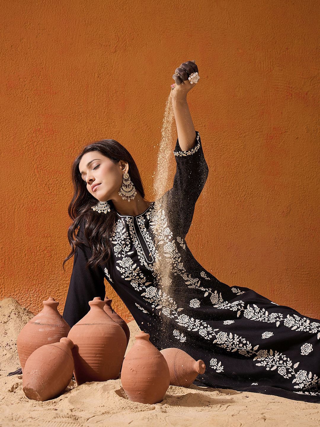 Indo Era Black Floral Embroidered Straight Kurta