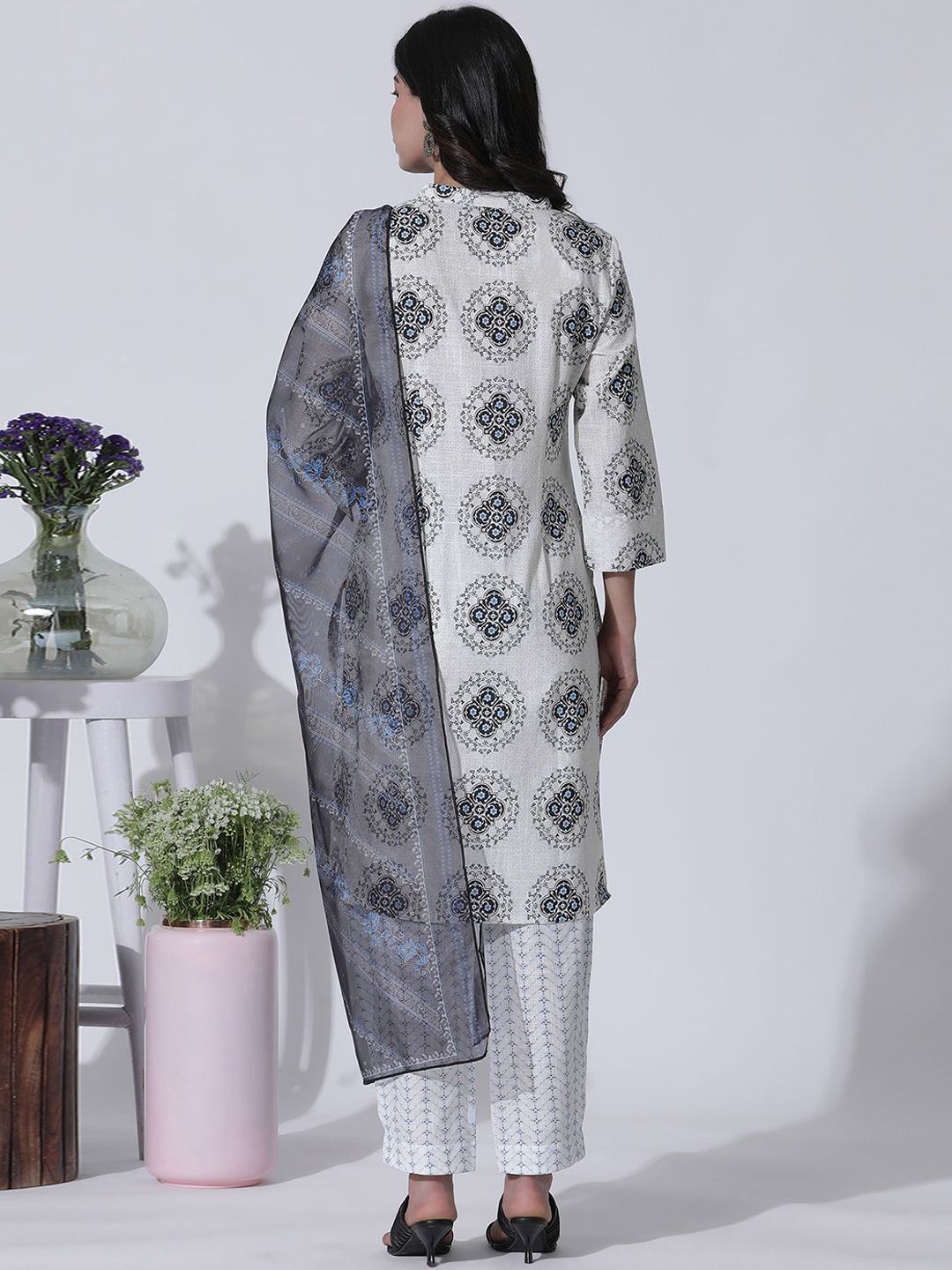 W Ethnic Motifs Printed Mirror Work Pure Cotton Straight Kurta & Trousers With Dupatta