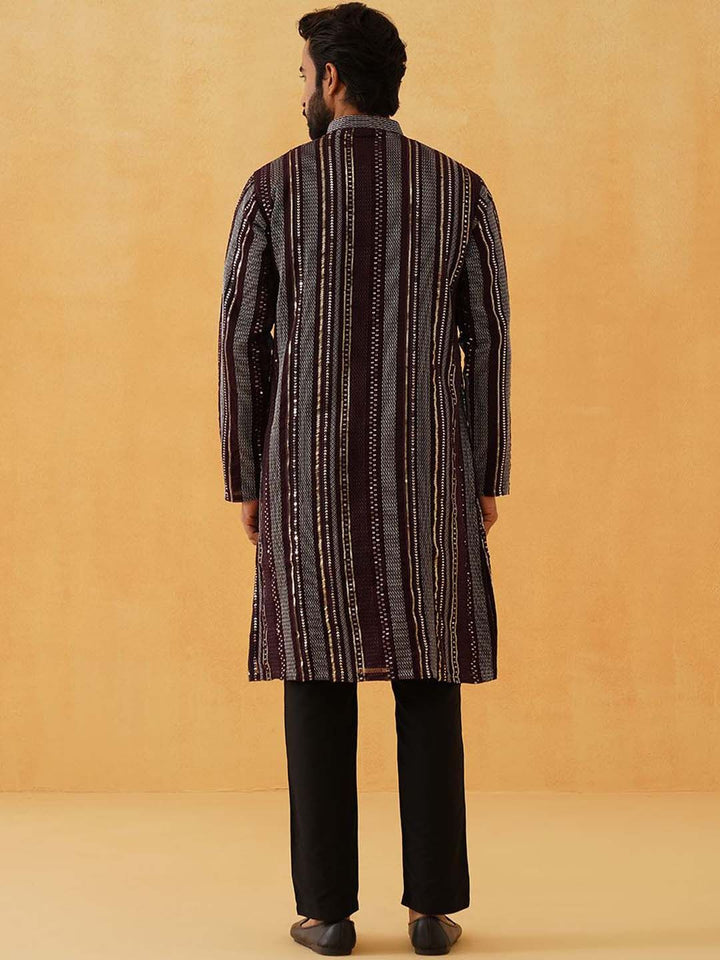 SOJANYA LUXE Striped Embroidered Sequinned Georgette Straight Kurta With Trousers
