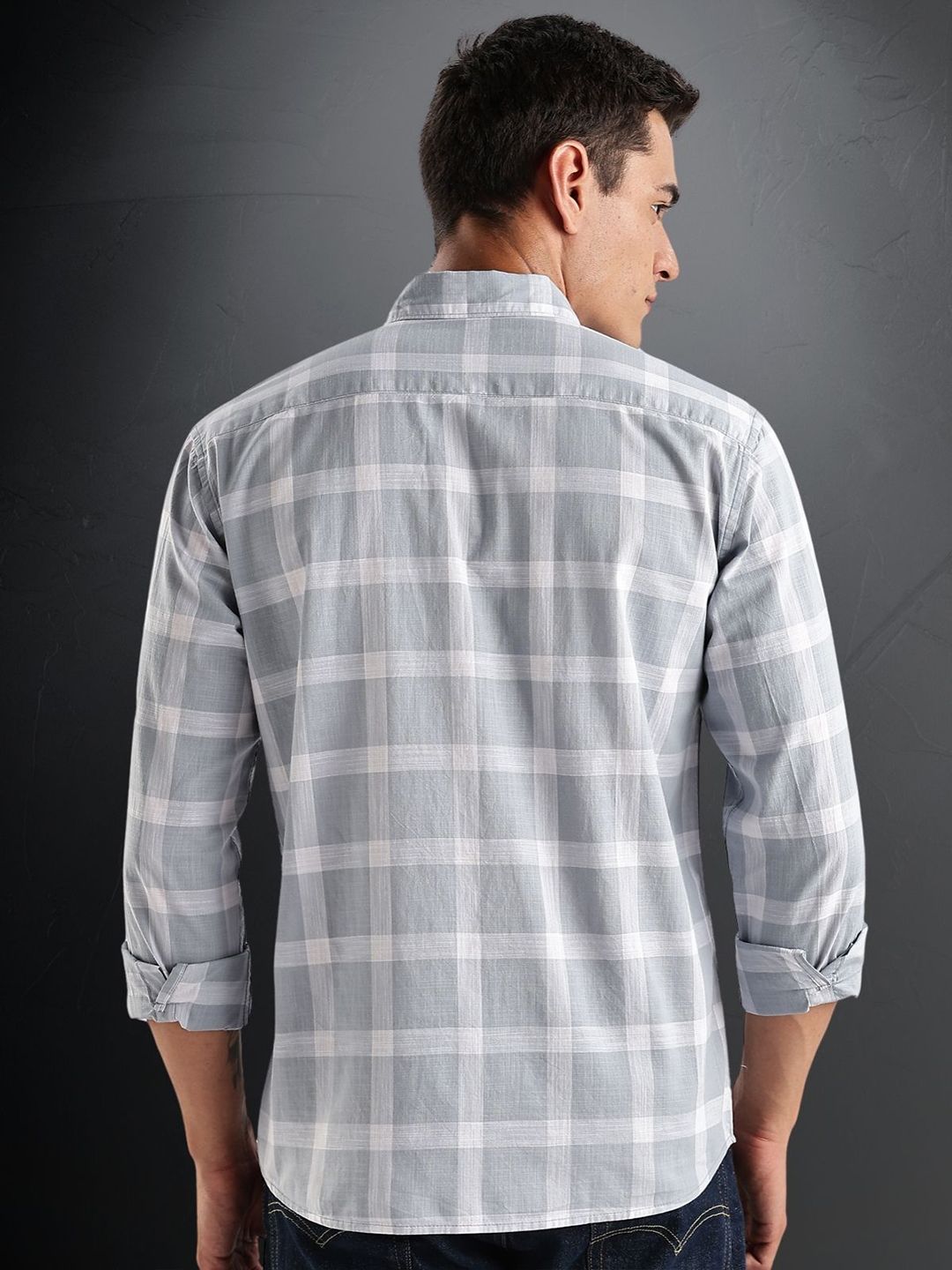 ADRO Tartan Checked Spread Collar Baju Kasual Kapas Lengan Panjang