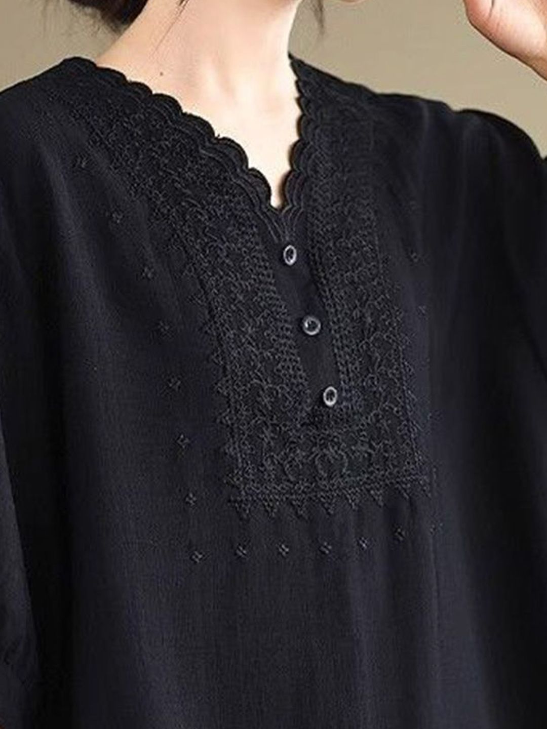 DressBerry Women Solid V-Neck Extended Sleeves Cotton Top