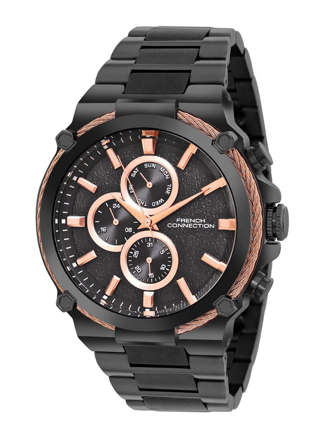 French Connection Men Patterned Dial & Stainless Steel Bracelet Style Straps Analogue Multi Function Watch