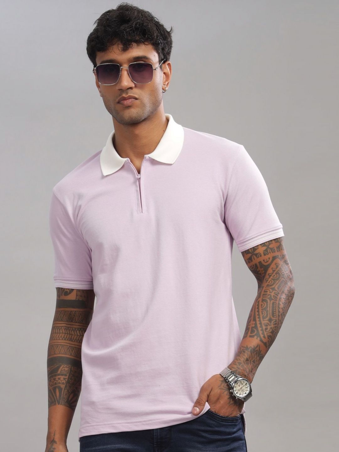 ADRO Men Solid Polo Collar Cotton T-Shirt