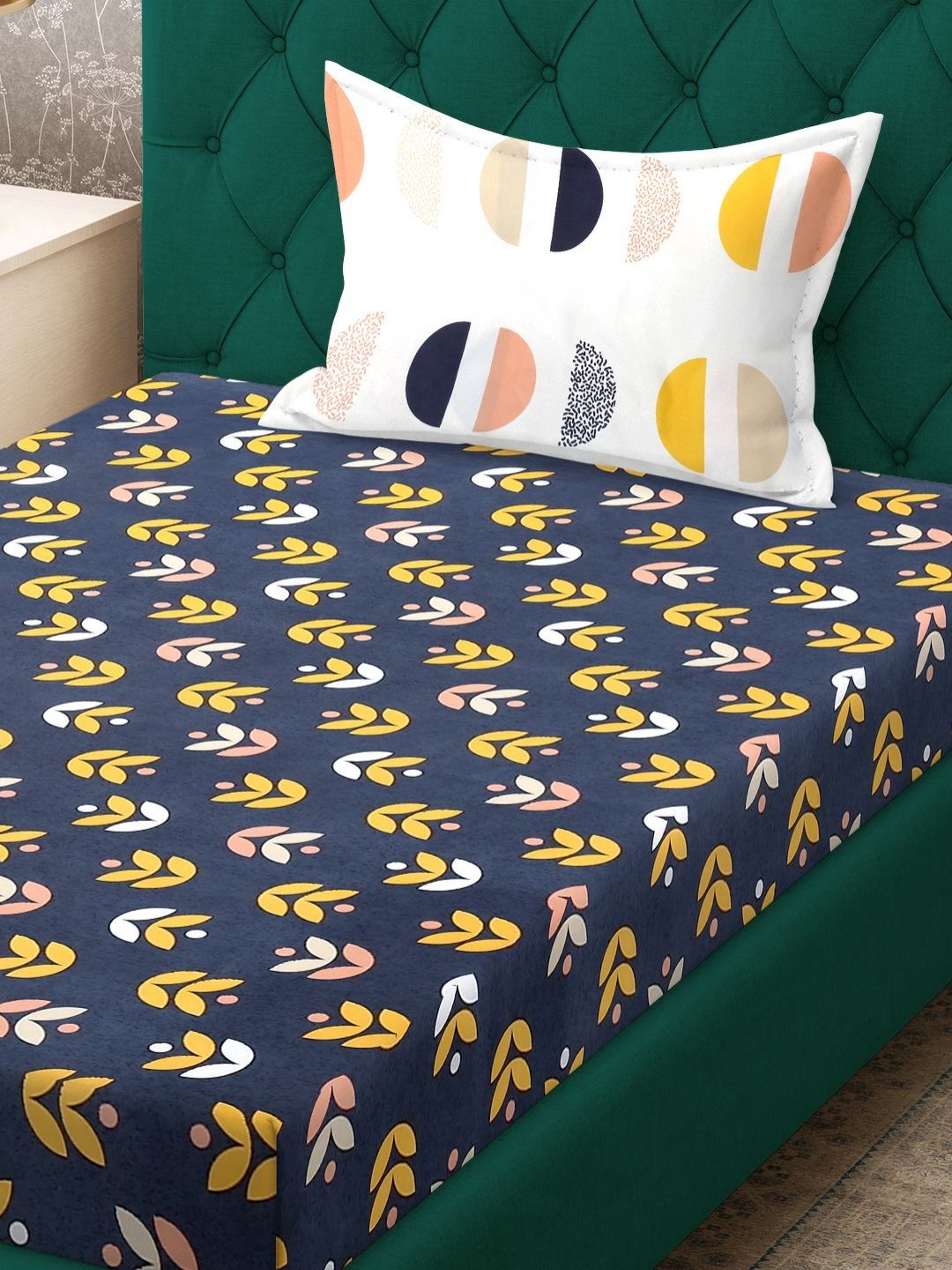 Myntra Elegant Homes Blue Printed 400 TC Fitted Single Bedsheet Set 2.25 m x 1.5 m