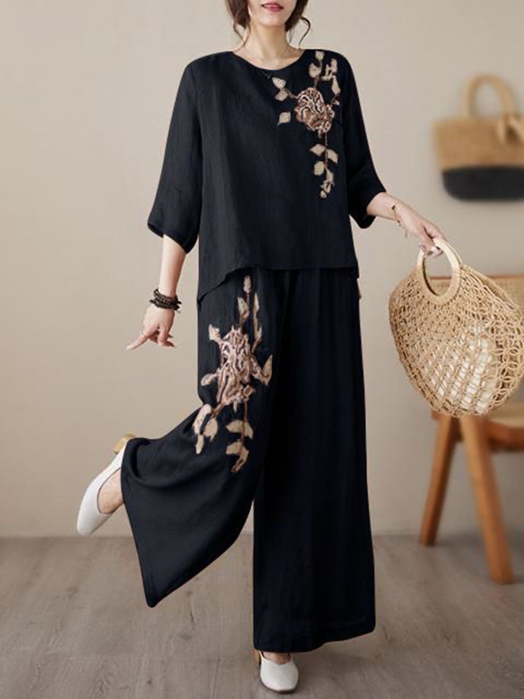 Fashion Round Neck Shirt With Trousers Co-Ords